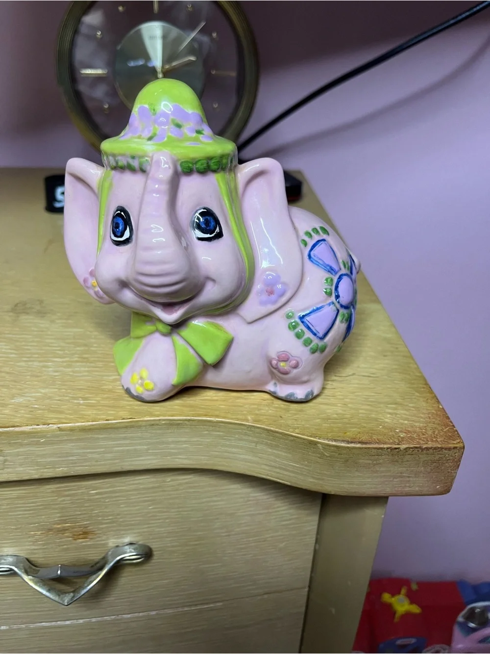 Pink Ceramic Elephant Bank with Lime Green Accents